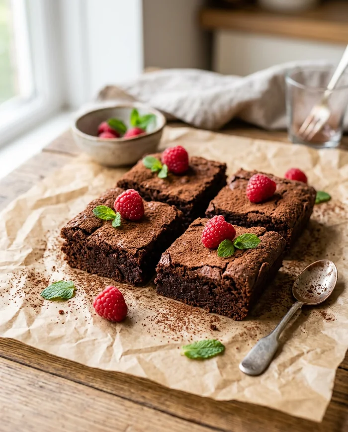 Brownie de chocolate saludable con frambuesas