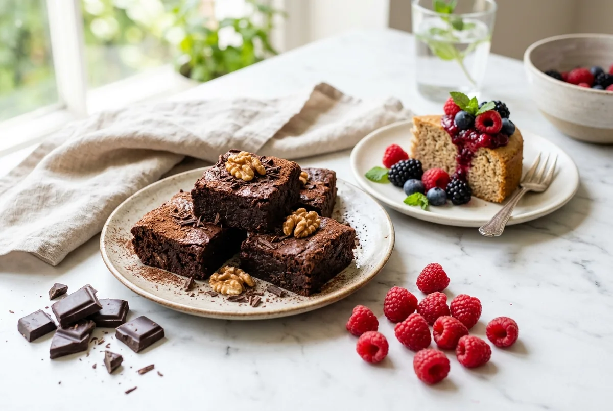 Surtido de postres saludables: brownie, bizcocho con frutos rojos y chocolate