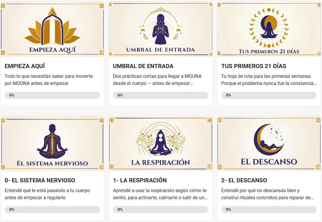 El aula de MOUNA en Skool: cursos Empieza aquí, Umbral de entrada, Tus primeros 21 días, El sistema nervioso, La respiración y El descanso