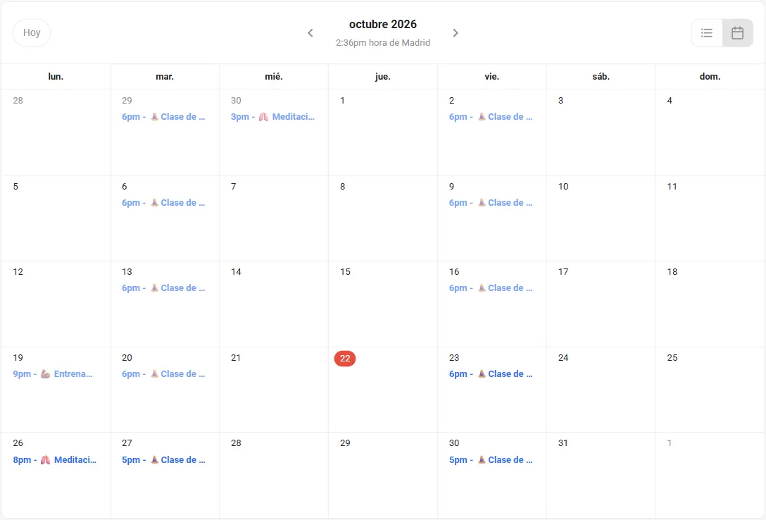Calendario de MOUNA de octubre de 2026: clases de yoga los martes y los viernes, meditaciones guiadas el 30 de septiembre y el 26 de octubre, y una sesión de fuerza el 19; ninguna de preguntas y respuestas