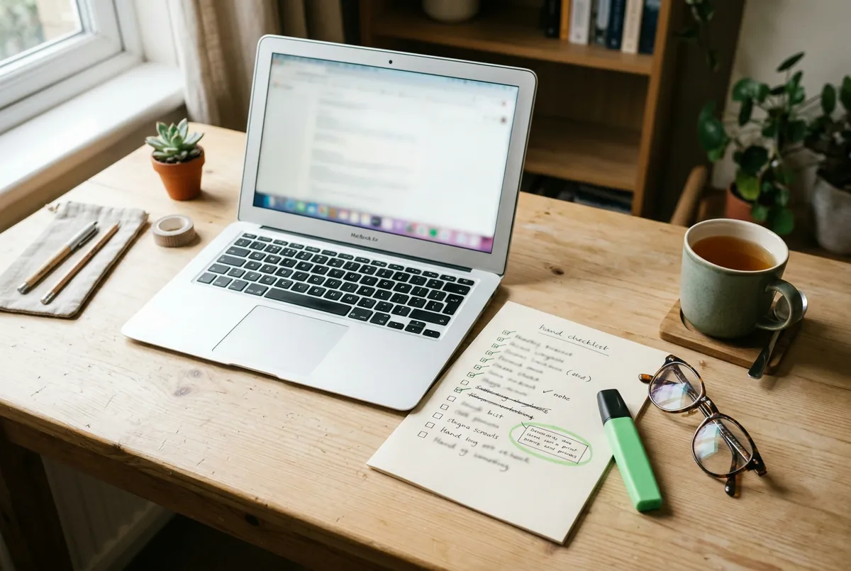Escritorio con un portátil, una lista de comprobación a mano, un rotulador verde y unas gafas
