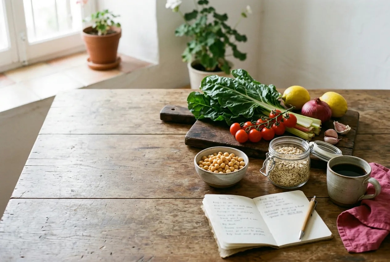 Mesa de cocina con acelgas, tomates, garbanzos, avena y una libreta con la lista de la compra