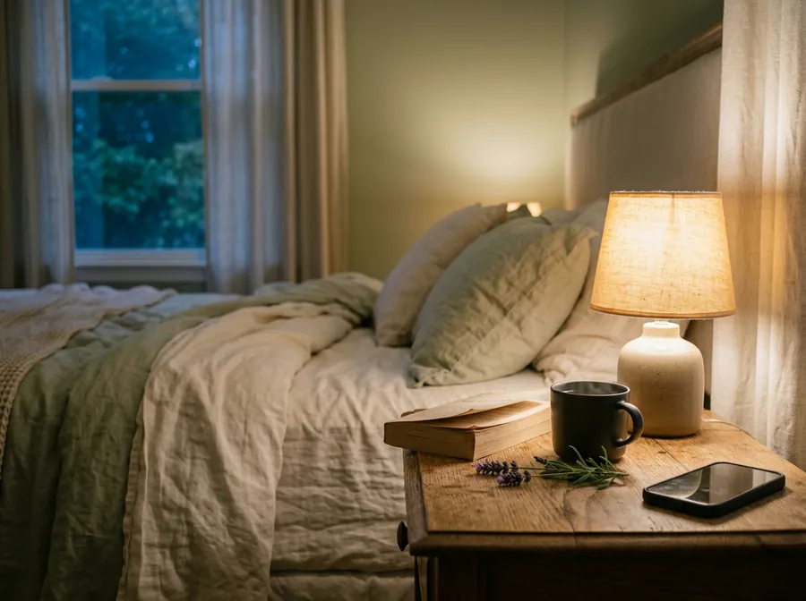 Mesilla de noche con una lámpara encendida, un libro y una taza de infusión