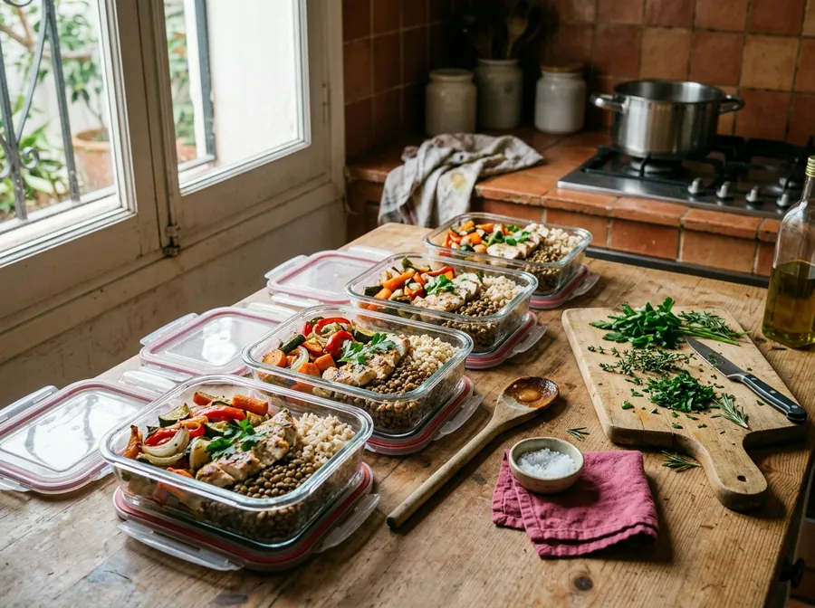 Táperes de cristal con verduras asadas, lentejas y pollo para la semana