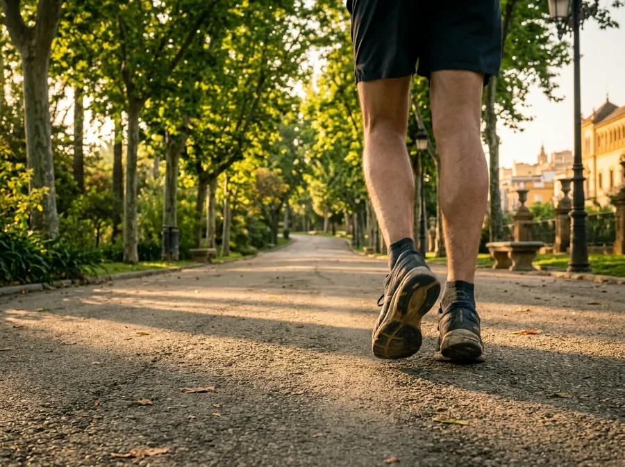 Zapatillas de correr en un paseo arbolado a primera hora